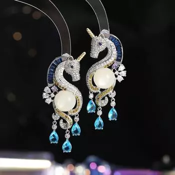 Серьги Heavy Industry Light Luxury Premium, женские, Niche Dream, Princess Wind, S925, серебряные, игольчатые, с единорогом, с бахромой, в форме капли воды