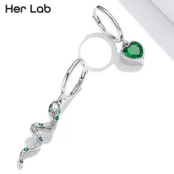Серьги Her Lab Love Of Snake из настоящего стерлингового серебра 925 пробы, зеленые серьги-кольца с фианитом для женщин, свадебные ювелирные украшения