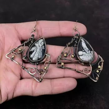 Серьги-хризантемы, обернутые медной проволокой, драгоценные камни, дизайнерские серьги ручной работы, серьги-обертки из медной проволоки, потрясающие серьги, подарок для мамы