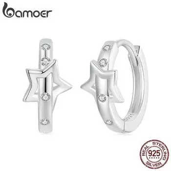 Серьги Huggie BAMOER с покрытием из белого золота, гипоаллергенные маленькие серьги-кольца из стерлингового серебра 925 пробы с фианитами и звездами для женщин SCE1726