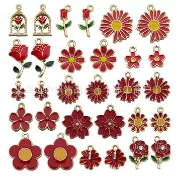 Серьги и ожерелье-брелок с подвесками из сплава «Красный цветок» с каплями масла