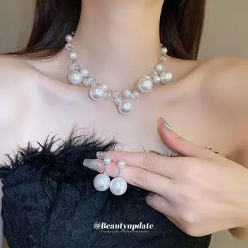 Серьги и ожерелье с французским геометрическим жемчугом - комплект из ретро-легких роскошных украшений для женщин Silver Needle