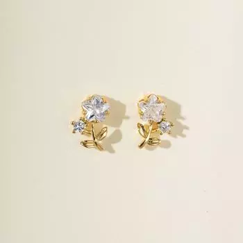 Серьги-иглочки в форме цветка из серебра 925 пробы: Медное золото с инкрустацией цирконием, милый и изысканный маленький дизайн