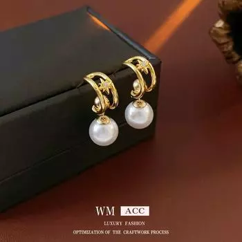 Серьги-иглы из позолоченного серебра с цирконием и жемчугом в форме буквы С — элегантный, уникальный и универсальный дизайн Silver Needle, Real Gold Electroplating золотой