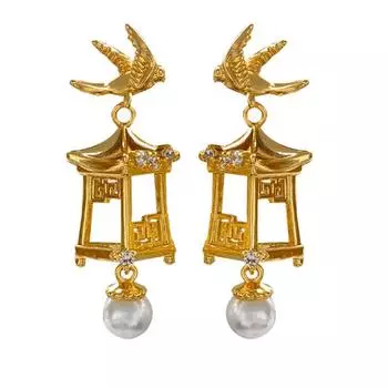 Серьги-иглы из серебра 925 пробы с летним павильоном и птицами, индивидуальные серьги T2787