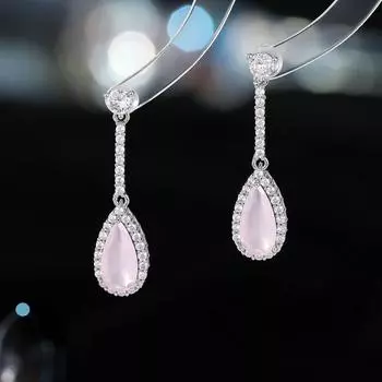 Серьги-иглы из серебра 925 пробы, белые, нежные, супер сказочные, элегантные, нишевые, простые, с протеином, цирконием, капли воды светло-зеленый