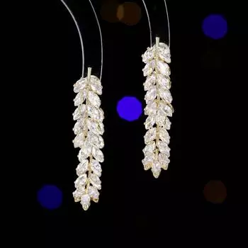 Серьги-иглы из серебра 925 пробы, женские, с подвесками сзади, съемные спереди и сзади, серьги в виде ромба и циркония в виде листьев пшеницы золотой