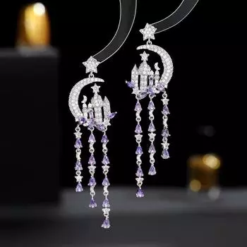 Серьги-иглы из серебра 925 пробы с преувеличенной атмосферой, креативный дизайн, серьги в виде звезд, луны, замка, капли воды с длинной бахромой