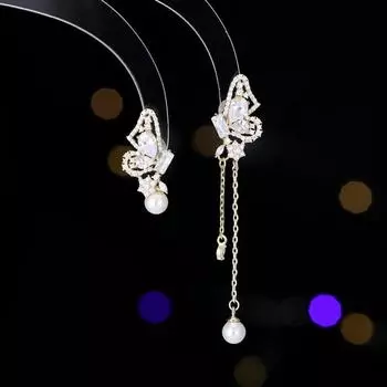 Серьги-иглы из серебра 925 пробы, премиум-класса, дизайн туфель AB, асимметричные, маленькие, нежные, с бахромой, серьги-бабочки золотой