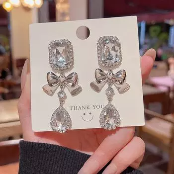 Серьги-иглы из серебра 925 пробы с геометрическим бантом и стразами для женщин — универсальные, модные, в европейском и американском стиле A869 серебряный