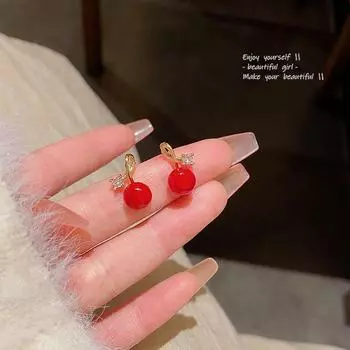 Серьги-иглы из серебра 925 пробы в китайском стиле с красными бусинами и изысканным цирконом для женщин A1274 золотой