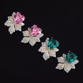 Серьги-иглы из серебра Huayei Jewelry, серьги с розовыми драгоценными камнями и кленовым листом, новые легкие роскошные серьги