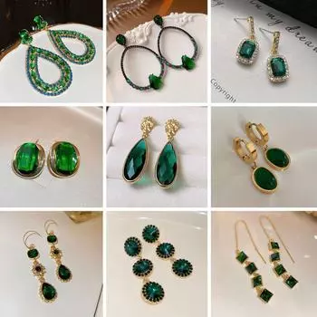 Серьги-иглы из серебра в стиле ретро с изумрудами и бриллиантами - элитные модные украшения oval зелёный