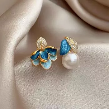 Серьги из эмали высокого класса, легкая роскошь, асимметричные, с каплевидной глазурью, женские серьги в новом китайском стиле 2025 года, изысканные модные серьги Enamel Drop Glaze Flower Stud Earrings