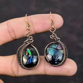 Серьги из американского дихроичного стекла, серьги из медной проволоки, серьги ручной работы, серьги из натурального драгоценного камня, медная проволока, ювелирные изделия, женский специальный подарок