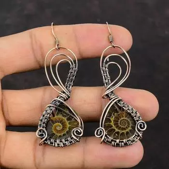 Серьги из аммонита, обернутые медной проволокой, медные ювелирные изделия, серьги с драгоценными камнями, ювелирные изделия ручной работы, обернутые проволокой, серьги-капли для подарка