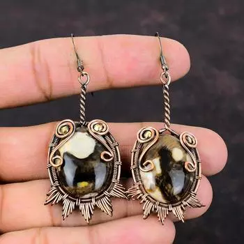 Серьги из арахисового дерева, яшмы, медная проволока, серьги, драгоценные камни, ювелирные изделия ручной работы, потрясающие серьги, подарок на годовщину, замечательные медные украшения