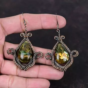 Серьги из австралийского хромированного халцедона, серьги с медной проволокой, ювелирные изделия из натуральных драгоценных камней, серьги ручной работы из меди, подарок на годовщину