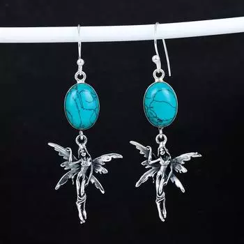 Серьги из бирюзового драгоценного камня, антикварные серьги из стерлингового серебра 925 пробы, серьги-подвески из серебра в стиле бохо, подарки для вечеринок, подарки для нее 2.95 синий