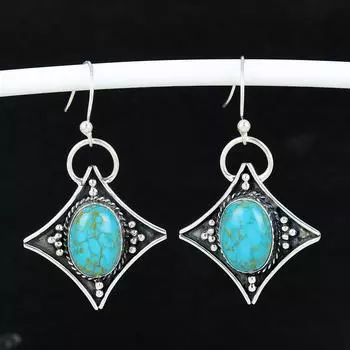 Серьги из бирюзового драгоценного камня, антикварные серьги из стерлингового серебра 925 пробы, серьги-подвески из серебра в стиле бохо, подарки на помолвку, подарки для нее 4 Cm синий