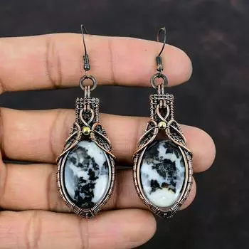 Серьги из бирюзы белого буйвола, серьги из медной проволоки, серьги с драгоценными камнями, медные украшения, серьги ручной работы, подарок для нее, ювелирные изделия из проволоки