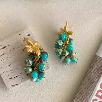 Серьги из бирюзы с виноградной нитью, ретро, легкие, роскошные, французские, высокого класса, средние, старинные, белые серьги