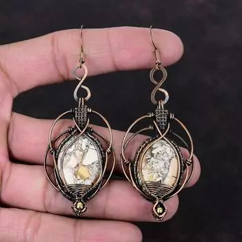 Серьги из брекчированного мукаита, серьги из медной проволоки, обернутые драгоценными камнями, серьги ручной работы, дизайнерские ювелирные изделия, подарок для женщин, красивые медные украшения
