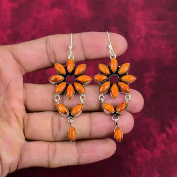 Серьги из цельного серебра 925 пробы с оранжевым кораллом Spong, серьги с драгоценными камнями ручной работы на День памяти 3.03 Inches оранжевый