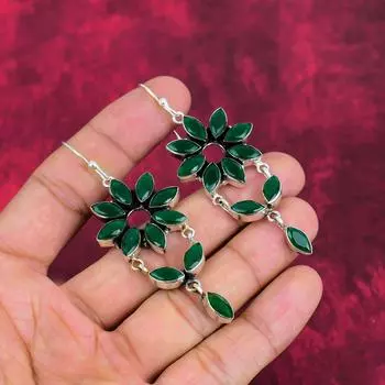 Серьги из цельного серебра 925 пробы с зеленым ониксом, серьги с драгоценными камнями ручной работы, на День памяти 3.03 Inches зелёный