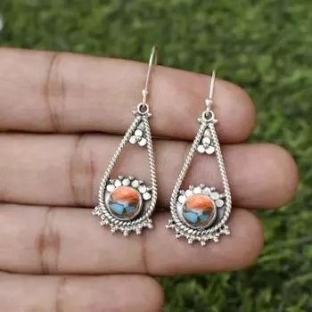 Серьги из цельного серебра 925 пробы с овальным камнем и бирюзой Oyster Copper