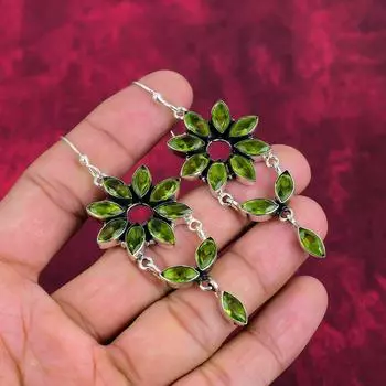 Серьги из цельного серебра 925 пробы с перидотом, серьги с драгоценными камнями ручной работы на День памяти 3.03 Inches зелёный