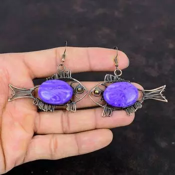 Серьги из чароита, медная проволочная обертка, драгоценные камни, медные украшения, серьги-рыбы ручной работы, висячие серьги, проволочная обертка, ювелирные изделия, подарок на годовщину