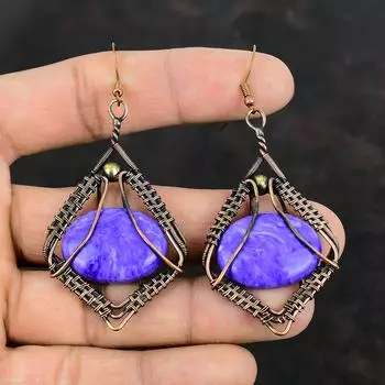 Серьги из чароита, медная проволочная обертка, медные украшения с драгоценными камнями, серьги ручной работы, проволочная обертка, висячие серьги, антикварные ювелирные изделия, подарок для жены