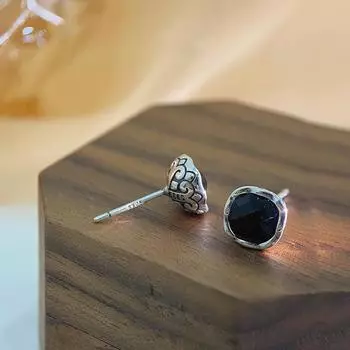 Серьги из черного агата в стиле ретро-лотоса для женщин, универсальные черные серьги высокого класса в этническом стиле