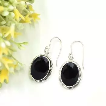 Серьги из черного оникса - овальные серьги с кабошоном - черные серьги из камня