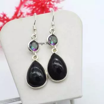 Серьги из черного оникса с мистическим топазом Серьги из стерлингового серебра 925 пробы Серьги с подвесками Серьги в стиле бохо Серьги с драгоценными камнями Подарок на Рождество Женщины Новый год 1.5 чёрный