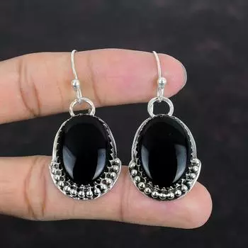 Серьги из черного оникса, серьги из натурального драгоценного камня, серьги из стерлингового серебра 925 пробы, серьги ручной работы, ювелирные изделия из черного оникса, подарки для жены, антикварная серьга