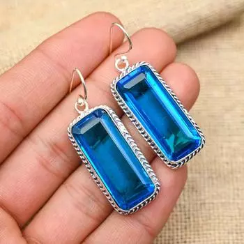 Серьги из чистого серебра 925 пробы с драгоценным камнем Красивый голубой топаз ручной работы для свадебного подарка 2 Inches синий