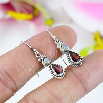 Серьги из чистого серебра 925 пробы с натуральным гранатом и лунным камнем, 1,5 дюйма c3E50