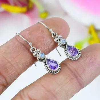 Серьги из чистого серебра 925 пробы с натуральным аметистом и лунным камнем, 1,5 дюйма, l8P17