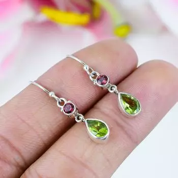 Серьги из чистого серебра 925 пробы с натуральным перидотом и гранатом, 1,5 дюйма t3v93