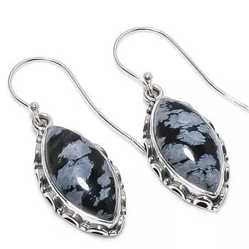 Серьги из чистого серебра 925 пробы с натуральным обсидианом и снежинкой, размер 1,50 дюйма, J9F82
