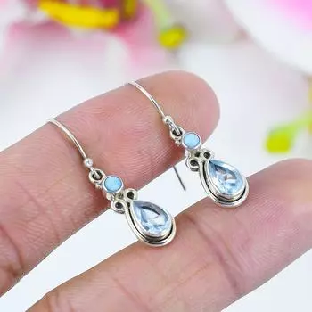 Серьги из чистого серебра 925 пробы с натуральным голубым топазом и драгоценным камнем Ларимар, 1,25 дюйма, p2p57