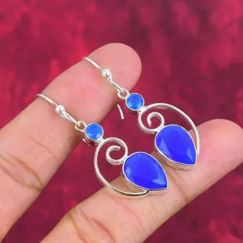 Серьги из чистого серебра 925 пробы с синим халцедоном, серьги с драгоценными камнями ручной работы, подвесные украшения, подарки для жены, абсолютно новые серьги 1.97 Inches синий
