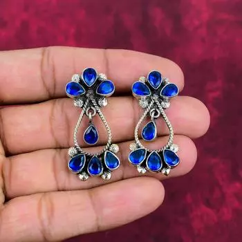 Серьги из чистого серебра 925 пробы с синим сапфиром, серьги из драгоценных камней ручной работы на День памяти 1.65 Inches синий