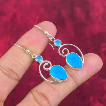 Серьги из чистого серебра 925 пробы с синим халцедоном, серьги с драгоценными камнями ручной работы, подвесные украшения, подарки для жены, абсолютно новые серьги 1.97 Inches синий