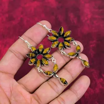 Серьги из чистого серебра 925 пробы с тигровым глазом, серьги с драгоценными камнями ручной работы, подарок маме, антикварные ювелирные изделия 3.03 Inches жёлтый