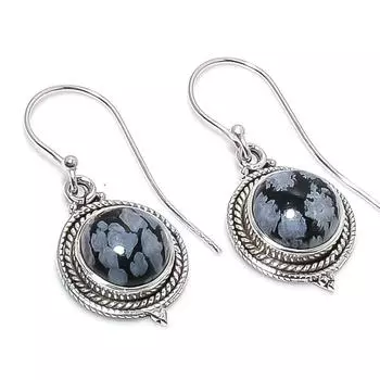 Серьги из чистого серебра 925 пробы с натуральным обсидианом и снежинкой диаметром 1,25 дюйма C8i74