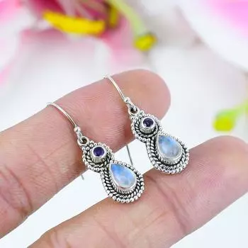 Серьги из чистого серебра 925 пробы с натуральным радужным лунным камнем и аметистом 1,5 дюйма s8H69