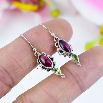 Серьги из чистого серебра 925 пробы с натуральным гранатом и перидотом 1,5 дюйма s3k00